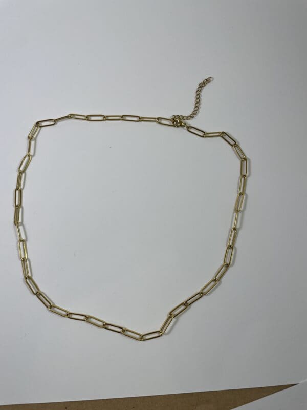 A chain link necklace is shown on top of a white surface.