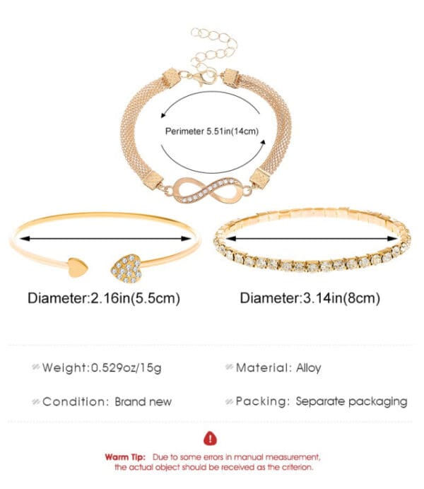 A gold bracelet with different sizes and shapes