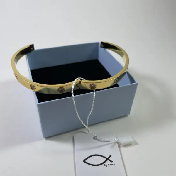 A box with a bracelet in it and a fish on the string.