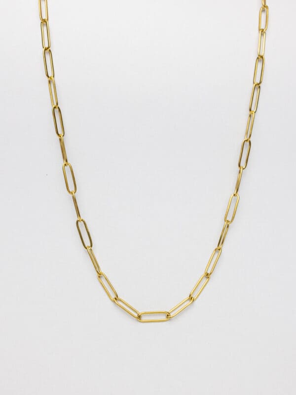 A gold chain necklace is shown on top of a white surface.