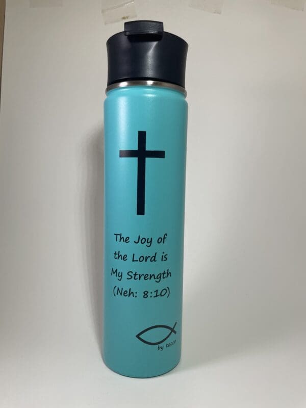 A blue water bottle with a cross and fish on it.