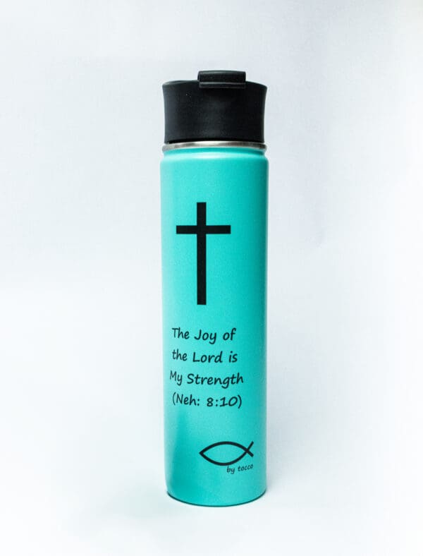 A water bottle with the cross and fish on it.