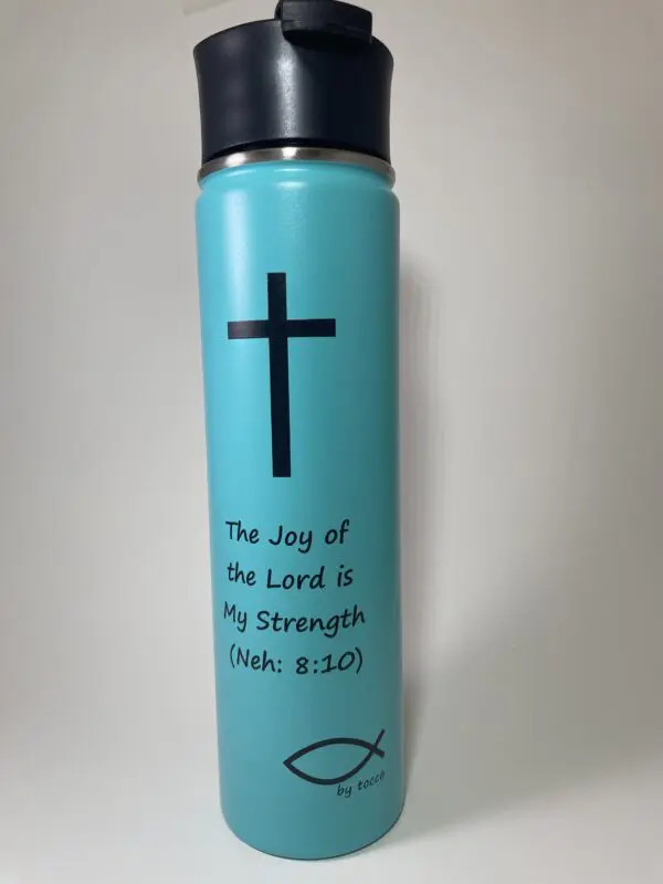 A blue water bottle with a cross on it.