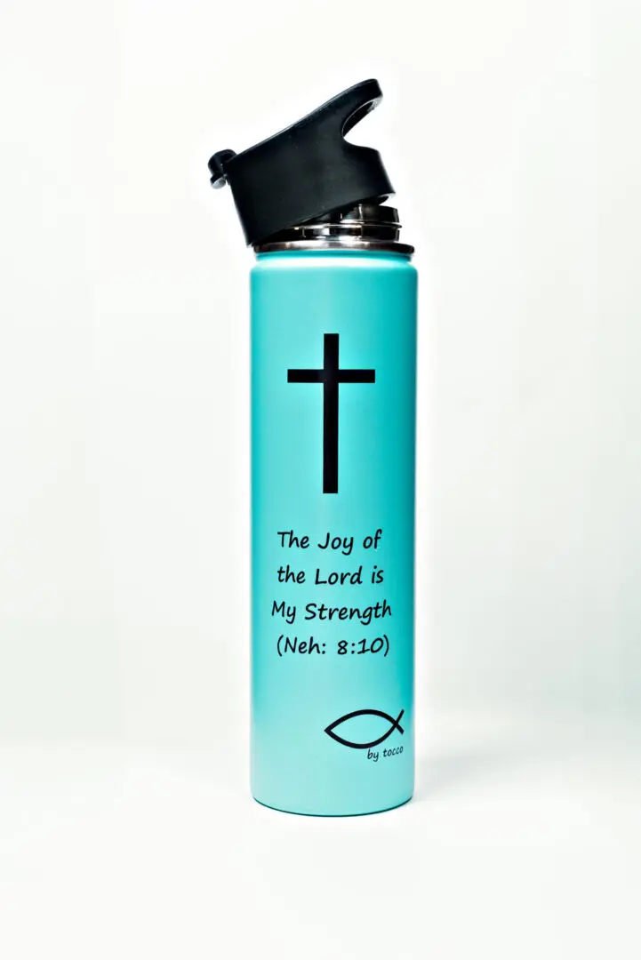 A blue water bottle with a cross and fish on it.